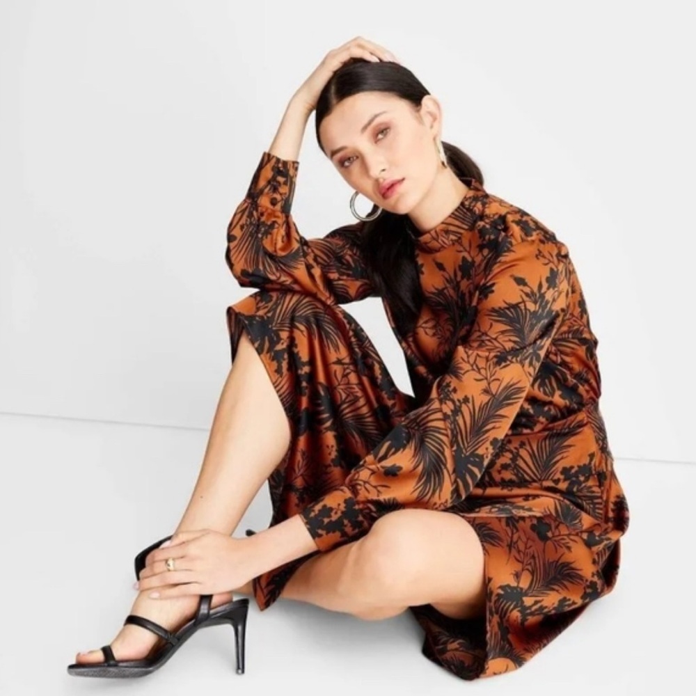 Future Collective Kahlana Barfield Brown Elegant Black & Brown Floral Dress NWT